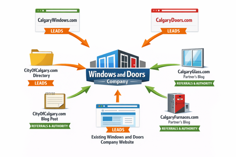 infographic showing the different sources of leads, referrals, and authority passed to a fictional windows and doors company.